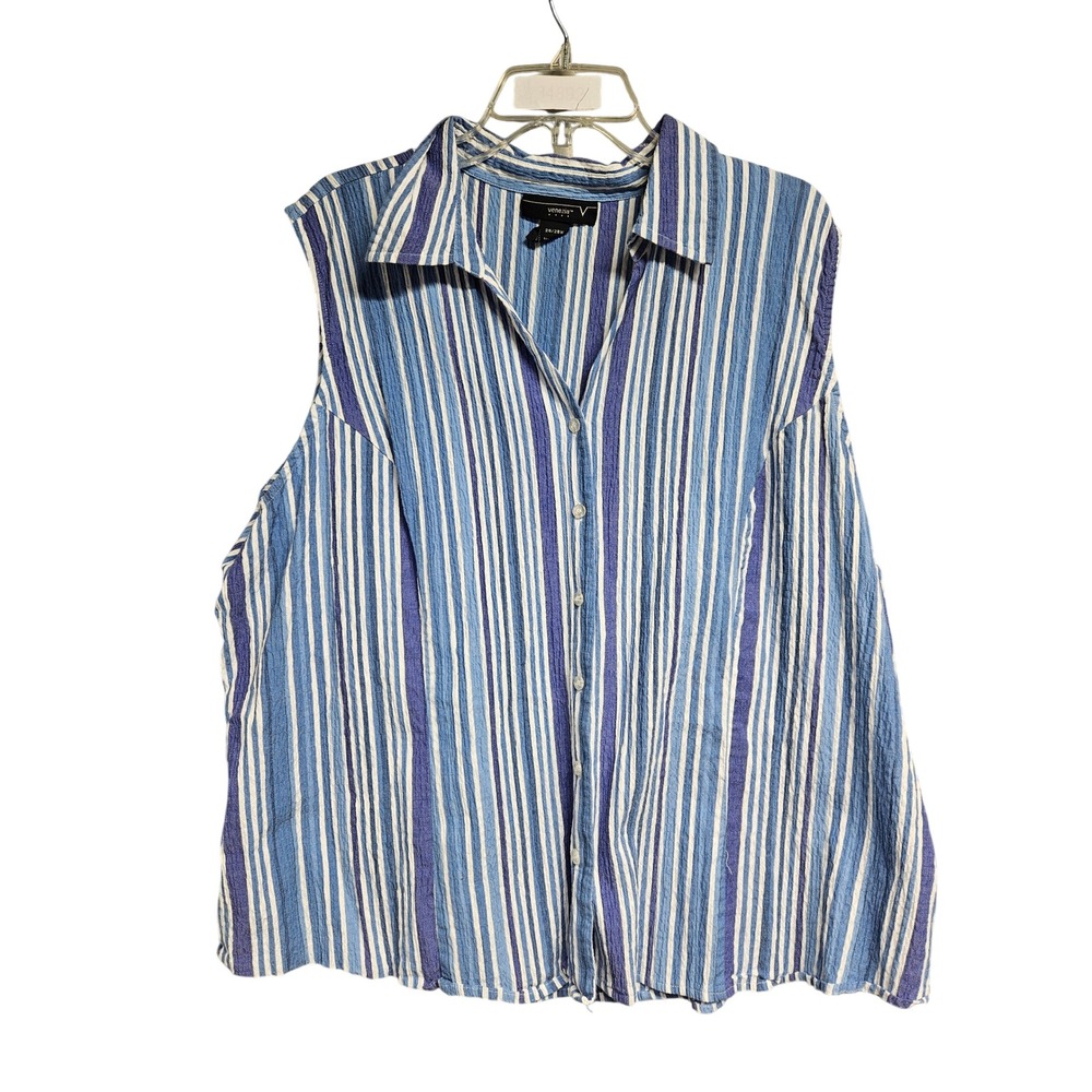 Venezia Womens Plus 26/28W Blue White Striped Seersucker Sleeveless Button Top
